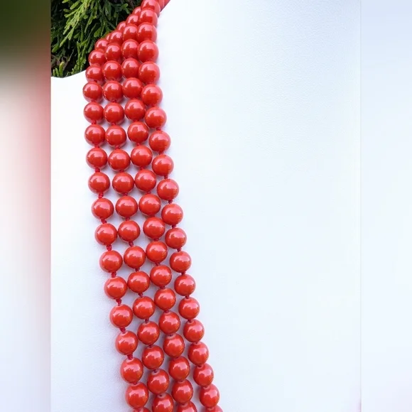 Kenneth Lane Signed Coral Glass Bead 3 Strand Tiered Necklace Gold Clasp - Picture 3 of 6